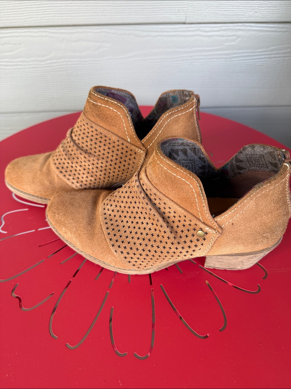 Earth Origins Cognac Suede Perforated Ankle Booties Womens